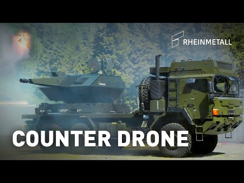 Rheinmetall Air Defence – Skynex truck-mounted engaging drone swarm